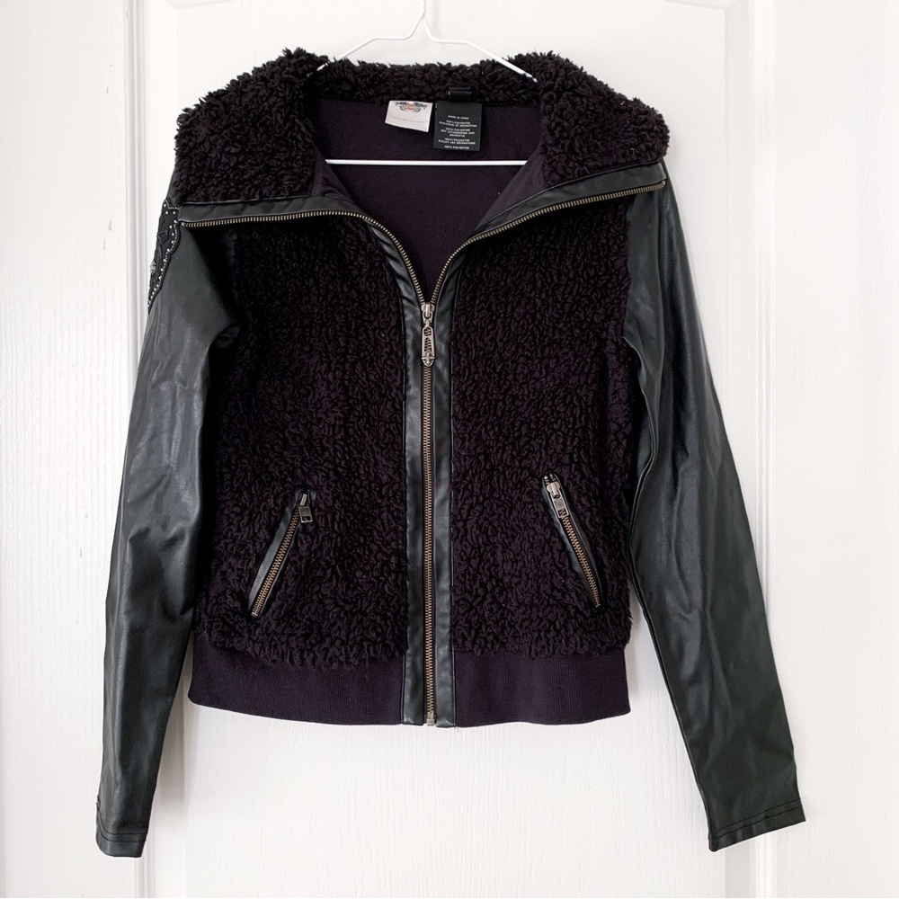 Harley Davidson Teddy Bear Faux Leather/Fur Black Moto Jacket